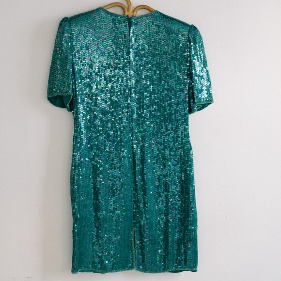 Vintage Laurence Kazar 100% Silk Turquoise Sequin Holiday Dress - Picture 2 of 3